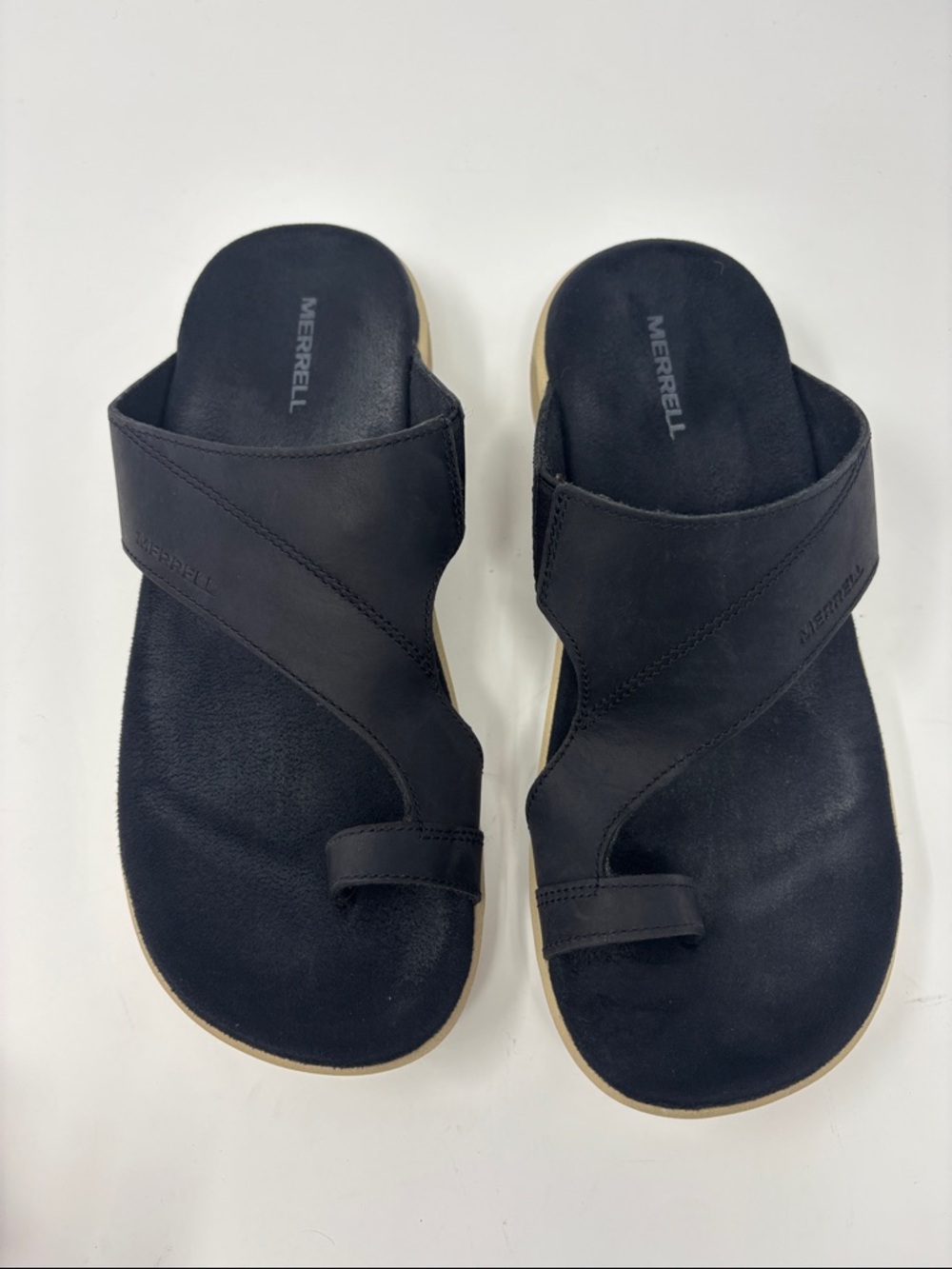 Merrell Black Slide Sandals with Tan Sole 7 - Picture 2 of 8